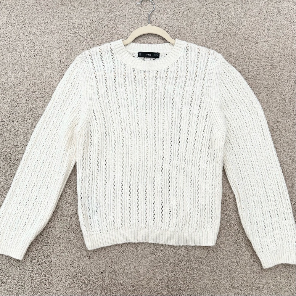 Mango Cream Open Knit Lightweight Spring Crewneck Sweater